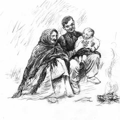 Traveller woman, man, and child seated by an open fire