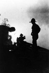 Carl, Luna, and Starker Leopold at Quetico Boundary Waters with Luna and Starker (silhouetted against sun), Fall Lake, Ontario, Canada, August 1925