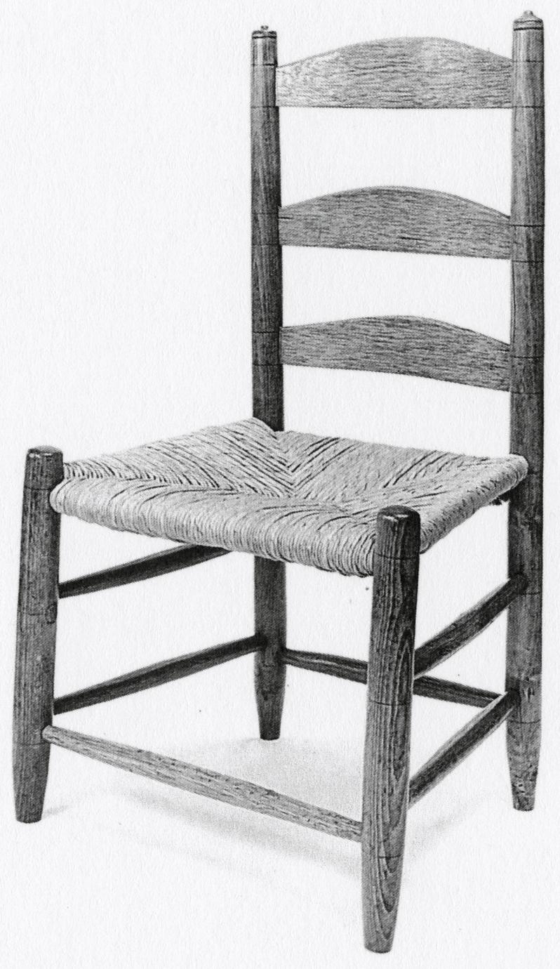 Black and white photograph of a slat-back chair.