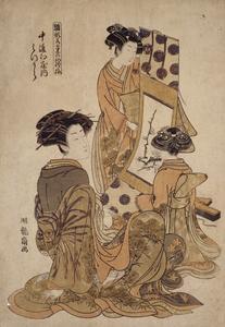 The Courtesan Mitsuura of Nakaomiya Viewing a Hanging Scroll with Two Child Attendants, from the series First Patterns of Young Greens