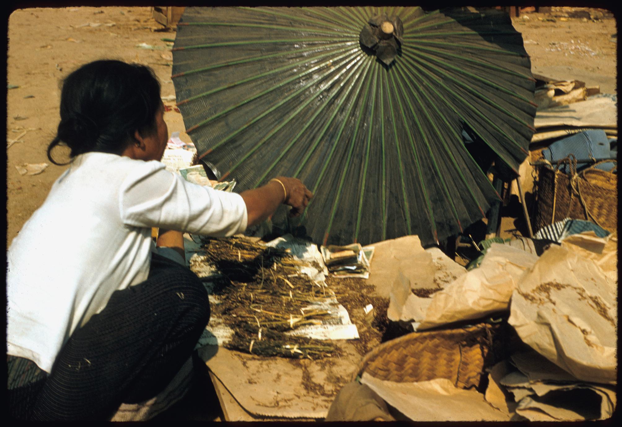 vietnamese tobacco Morning market--Vietnamese woman with umbrella selling tobacco - UWDC