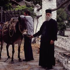 A monk and a mule at Dionysiou
