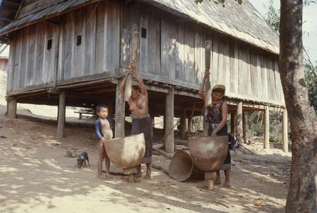 Khmu' women and child dehusking rice