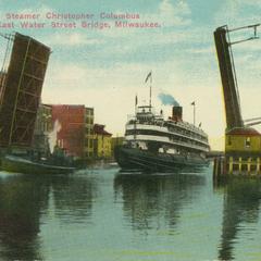Whaleback steamer Christopher Columbus passing East Water Street Bridge, Milwaukee, Wisconsin