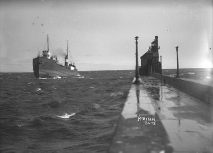 The Briton with south breakwater and outer light of Duluth Ship Canal