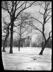 St. Matthews Church through park in winter