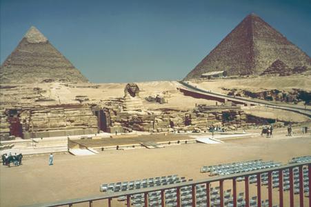 View of Sphinx and Pyramids of Khufu (Cheops) and Khafre (Chephren)