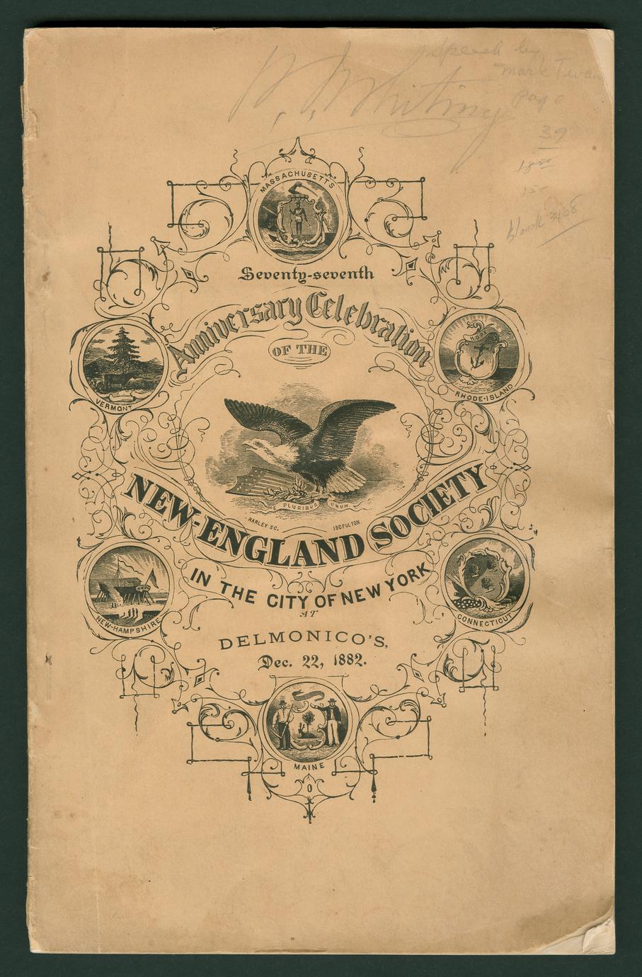 Seventy-seventh anniversary celebration of the New-England Society in the City of New York
