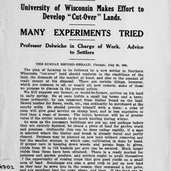 School aids farmers : University of Wisconsin makes efford to develop "cut-over" lands, many experiments tried...