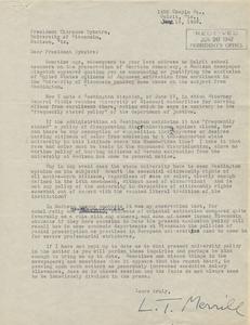 Letter to President Dykstra from L.T. Merrill about Japanese American applications to the college