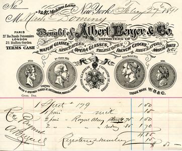 Bill from Albert Berger & Co. to Nathaniel Dominy VII, 1891