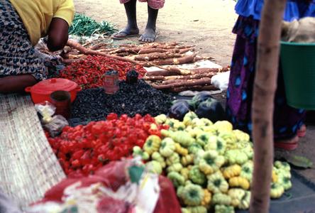 Hot Peppers, Bitter Tomatoes, and Cassava in Village Market