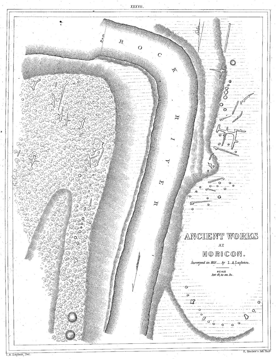 XXXVII. Ancient Works at Horicon. Surveyed in 1851&mdash;by I. A. Lapham. Scale 200 ft. to an In.
