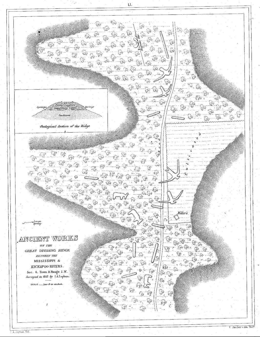 LI. Ancient Works on the Great Dividing Ridge Between the Mississippi & Kickapoo Rivers. Sec. 6. Town. 8. Range 5. W. Surveyed in 1852 by I. A. Lapham. Scale&mdash;200 ft to an Inch.