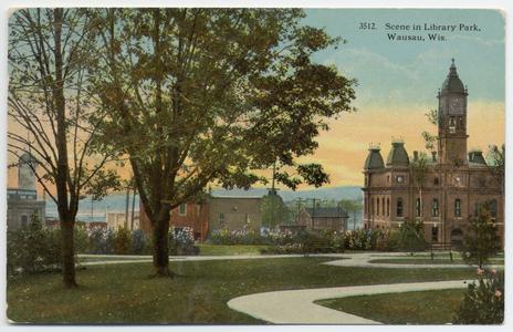 Postcard of Library Park, Wausau, Wisconsin