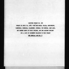 Ratified treaty no. 369, Treaty of April 29, 1868, with the Brule, Oglala, Miniconjou, Yanktonai, Hunkpapa, Blackfeet, Cuthead, Two Kettle, Sans Arcs, and Santee bands of Sioux Indians, and the Arapaho Indians. For a list of documents relating to this treaty see special list no. 6