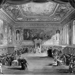 Watercolour stage design of scenery and props for Act 4 Scene 1 of The Merchant of Venice, Princess's Theatre, London