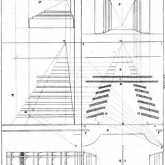 Plans, sections, and perspective drawings of a theatre
