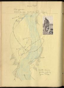 Duck hunting on Bosque Sand Bar, New Mexico, journal page with map, bird list and inset photo with dog, November 1920
