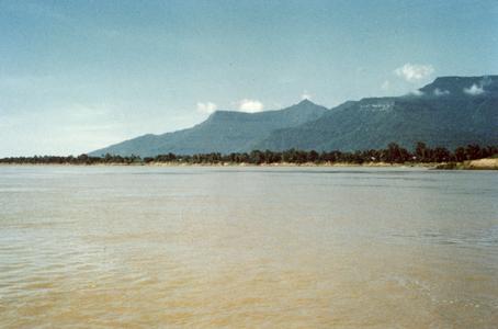 Panoramic view from the Mekong River looking southwest to Phou Kao in Champasak Province