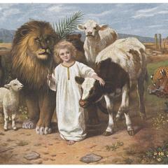 [Child holding victory palm in peaceable kingdom]