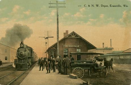 Chicago & Northwestern Depot and Train, Evansville, Wisconsin