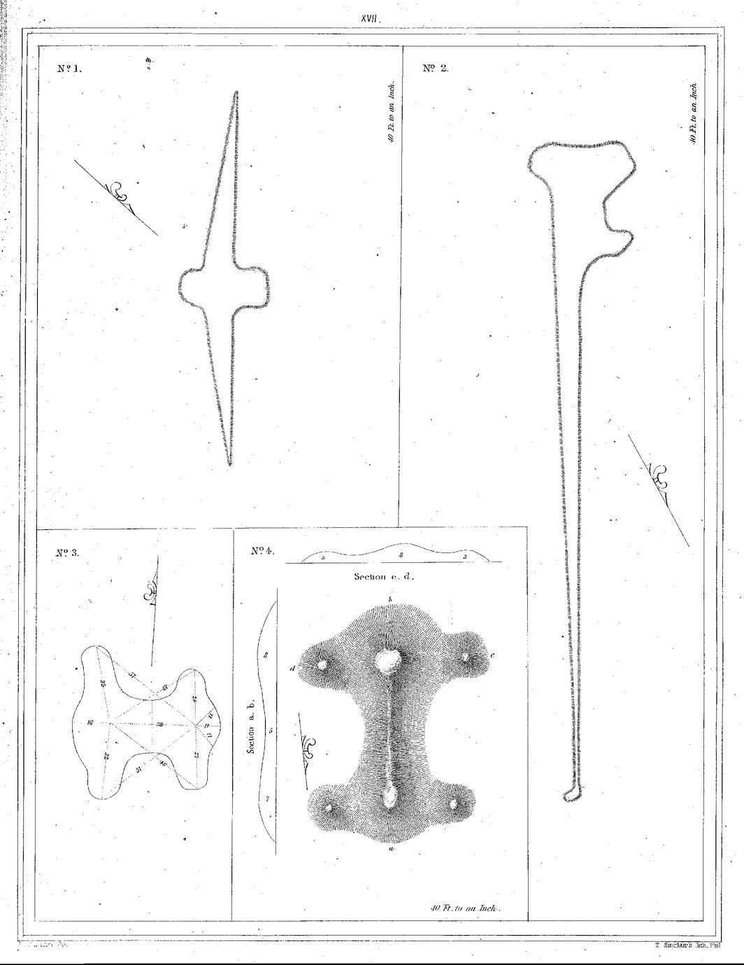 XVII. No. 1. 40 Ft. to an Inch. / No. 2. 40 Ft. to an Inch  / No. 3. / No. 4. 40 Ft. to an Inch.