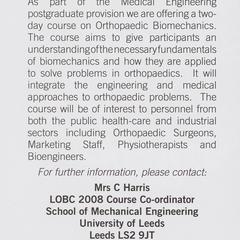 The Leeds Orthopaedic Biomechanics Course advertisement