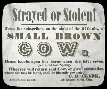 Advertisement, "Strayed or Stolen"