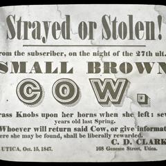 Advertisement, "Strayed or Stolen"