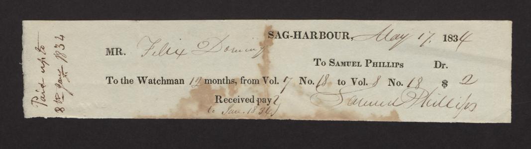 Bill from Samuel Phillips to Felix Dominy for subscription to the Watchman, 1834