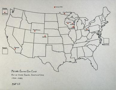 Mesabi Button Box Club out of state travel destinations, 1979-1984 : map 13