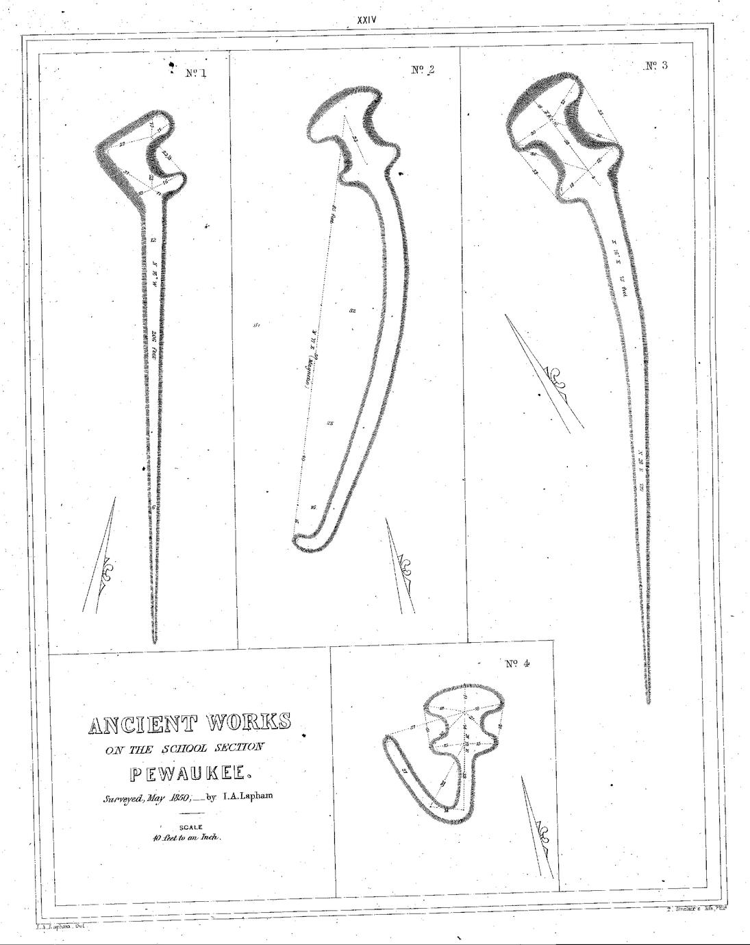XXIV. Ancient Works on the School Section, Pewaukee. Surveyed May 1850,&mdash;by I. A. Lapham. Scale 40 feet to an Inch.