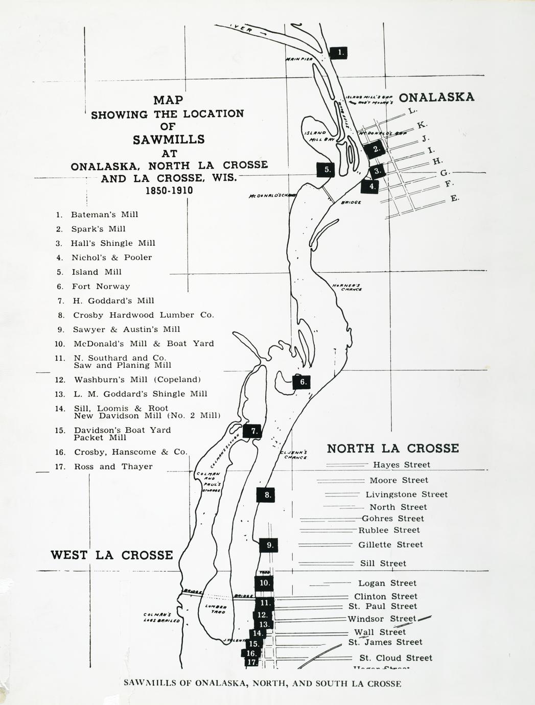 Map showing the location of sawmills at Onalaska, North La Crosse and La Crosse, Wisconsin,1850-1910 (1 of 2)