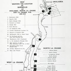 Map showing the location of sawmills at Onalaska, North La Crosse and La Crosse, Wisconsin,1850-1910