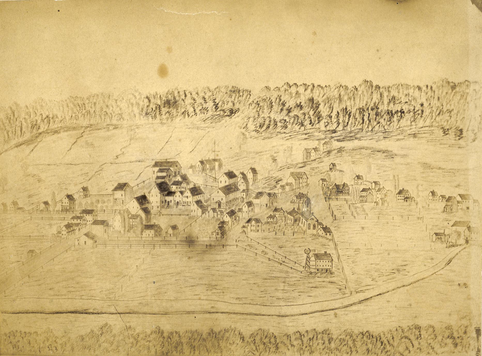 Early drawing of the village of New Glarus