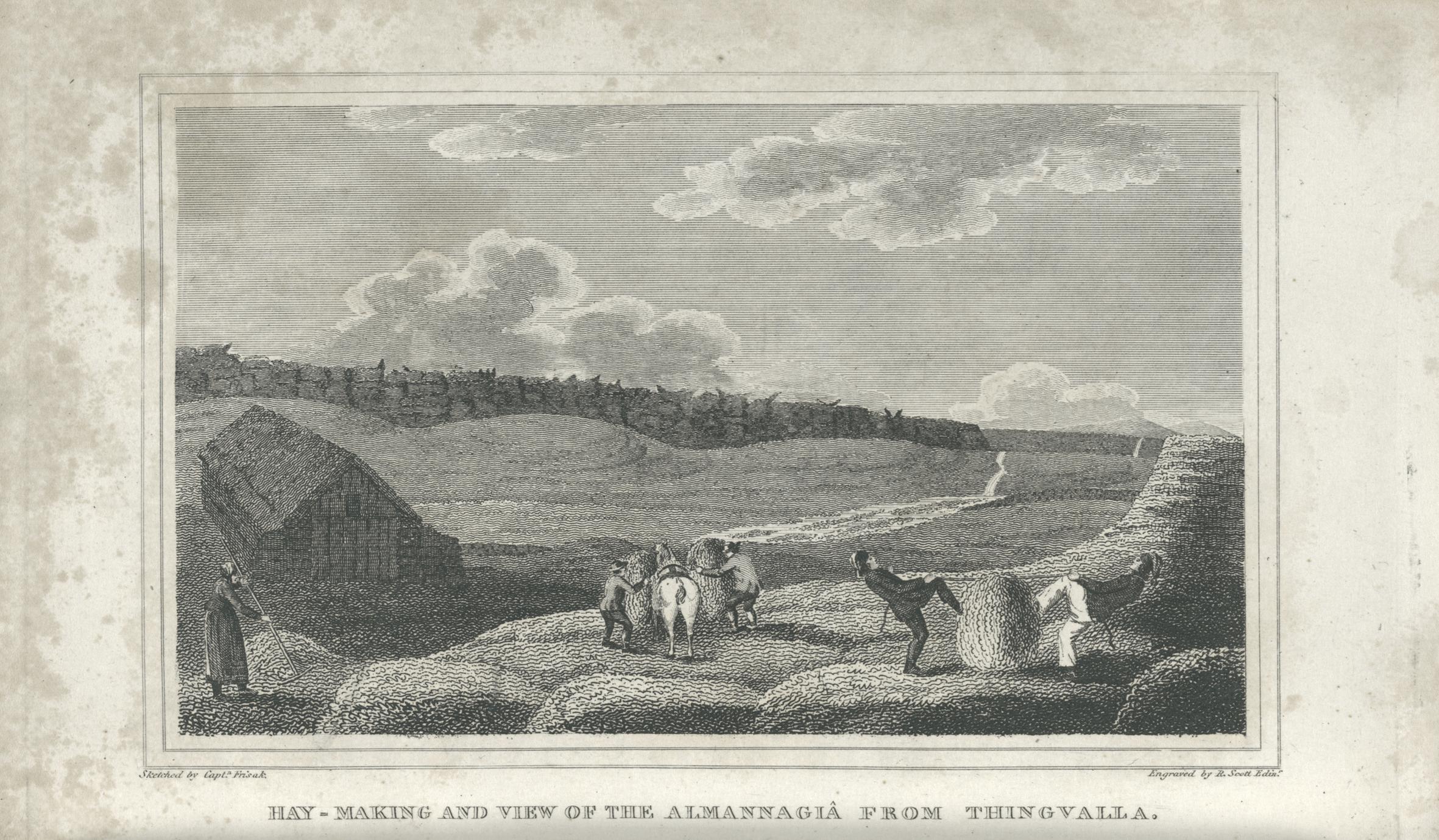 Engraving of farmers gathering hay, with Almannagjá in the background.