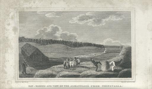 Hay-making and view of the Almannagiâ from Thingvalla.