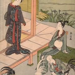Young Couple and Boy Watching a Cock Fight