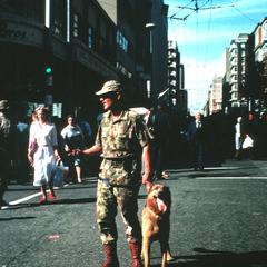 Riot Policeman with Dog outside Johannesburg City Hall following Anti-Republic Day Rally