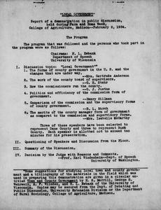 Local government : report of a demonstration in public discussion, held during Farm and Home Week, College of Agriculture, Madison--February 2, 1934