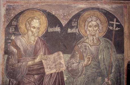 Fresco of two saints at St. George's chapel at Agiou Pavlou
