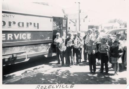 Marathon County Library Service bookmobile at Rozelville in about 1950.
