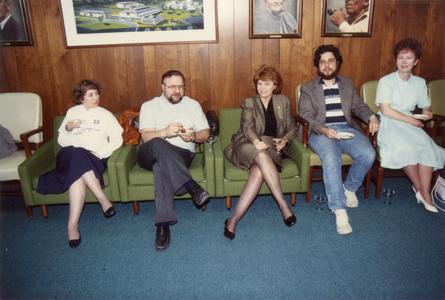 Nancy Aumann, Tom Bitner, Diane Wolf, Jeff Kleiman and Sharon Hager sitting in green chairs, University of Wisconsin--Marshfield/Wood County
