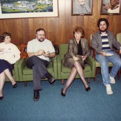 Nancy Aumann, Tom Bitner, Diane Wolf, Jeff Kleiman and Sharon Hager sitting in green chairs, University of Wisconsin--Marshfield/Wood County