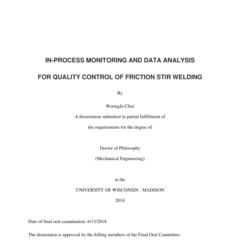IN-PROCESS MONITORING AND DATA ANALYSIS FOR QUALITY CONTROL OF FRICTION STIR WELDING