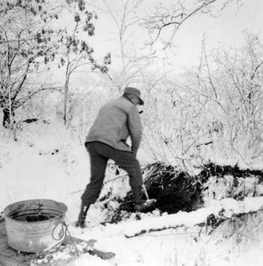 Aldo Leopold digging in snow