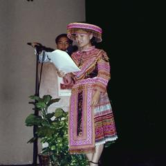 Female Hmong student gives speech at 1999 MCOR