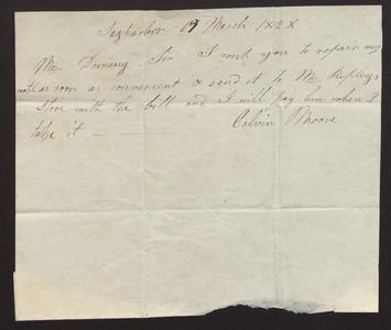 Order from Calvin Moore, Sag Harbor, to Capt. Felix Dominy, 1828, for watch repair