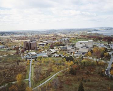 Aerial view of campus in autumn